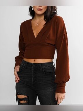 We The Free Rust Brown Cropped V-Neck Long Sleeve Top
